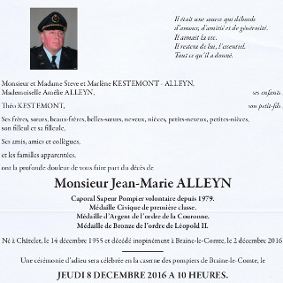 Décès d’un collègue: Le Caporal Jean-Marie ALLEYN de Braine-le-Comte